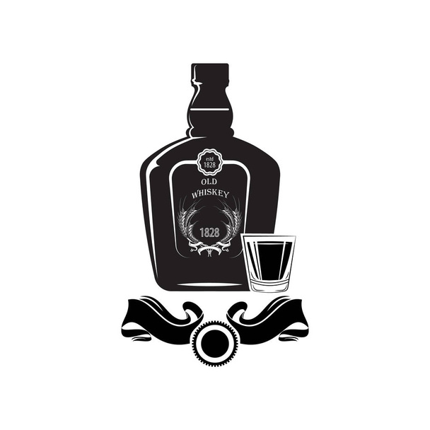Alcohol Bottle Old Whiskey Drink Drinking Cocktail Bar Pub Bartender Vintage Glass. Vector. - Vector, Image