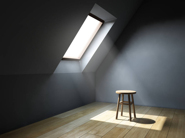 Empty interior room with mansard window. 3D illustration. - Foto, immagini
