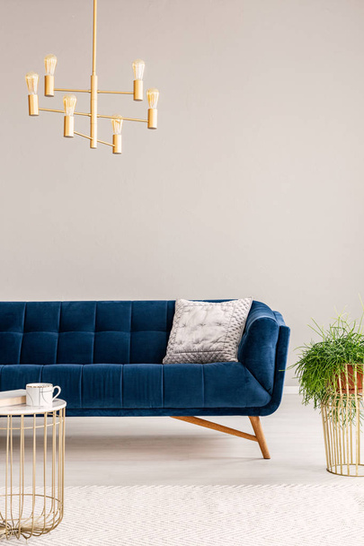 Real photo of a golden chandelier in a living room interior with a sofa, pillow, plant and coffee table, and cup. Place your graphic - Fotografie, Obrázek