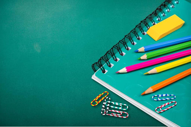School stationery composition on blank background - Photo, Image