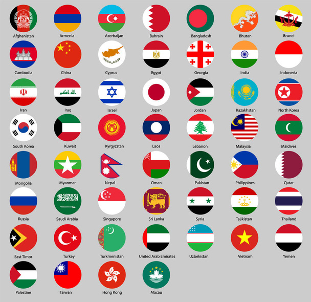 Vector illustration of different countries flags set. Round flags Asia - Вектор,изображение