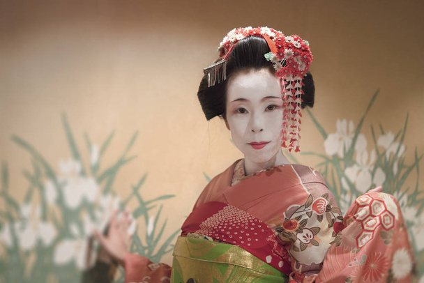 Ιαπωνικά μας ή γκέισα σε κόκκινο κιμονό coifed τρίχα καρφίτσα με μοτίβα από κόκκινο και άσπρο δαμάσκηνο άνθη. - Φωτογραφία, εικόνα