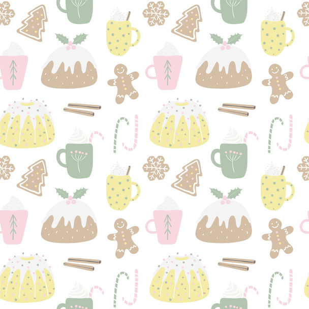 Seamless repeat pattern with Christmas sweets on white background. Hand drawn vector illustration. Flat style design. Concept for Christmas textile print  - Vector, Image