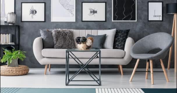 Wideo z szare, czarne, niebieskie i czerwone fotele, zmiana obok beżowy sofa z dekoracyjne poduszki w szary i biały salon wnętrza. Stop-motion sekwencji - Materiał filmowy, wideo