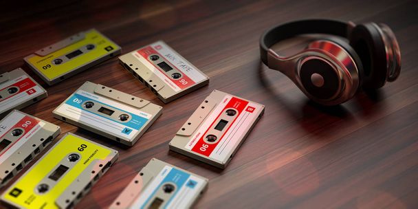 1970'lerden 1980'lerin parti müzik. Vintage ses kasetleri ve dj kulaklık, ahşap arka plan. 3D çizim - Fotoğraf, Görsel