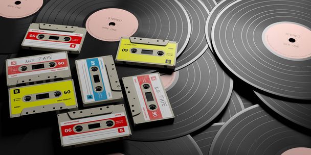 1970 年代-1980 年代の党の音楽。ビンテージ オーディオ ・ カセット テープとビニール レコードの背景、ミックス テープのラベル、3 d イラストレーション - 写真・画像