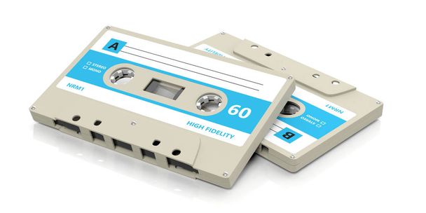 1970s-1980s party music (en inglés). Cintas de casete de audio vintage con etiqueta azul aislada sobre fondo blanco. ilustración 3d
 - Foto, Imagen