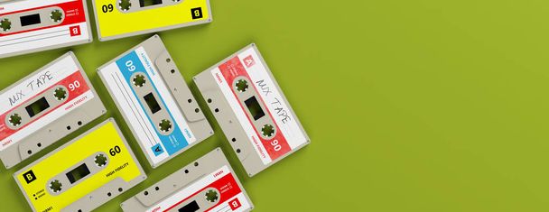 1970-е - 1980-е годы. Винтажные аудиокассеты на ярко-зеленом фоне, баннер, копировальное пространство. 3d иллюстрация
 - Фото, изображение