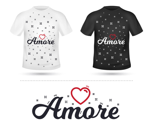 Amore slogan for T-shirt printing design. Tee graphic design. Romantic love concept. Tee-shirt print slogan with linear heart. Textile graphic. Valentines day sign. Various kinds. Vector - Vektor, obrázek