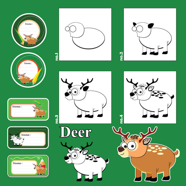 ステップバイ ステップの描画のチュートリアルです。ラベルとタグ kids.funny 動物の視覚的なゲーム。どのように面白い鹿を簡単な手順で描画、変な動物をベクター、ベクター グラフィック デザインの子供のための動物の描き方を教える、鹿の描き方 - ベクター画像