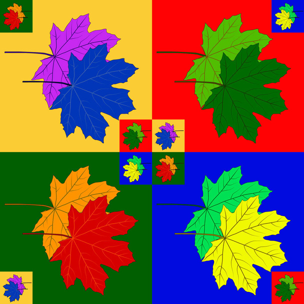 multi-gekleurde esdoorn bladeren op vier gekleurde velden en met exemplaren in de hoeken en in het midden. - Vector, afbeelding