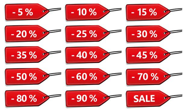 Set of fifteen red discount labels for sale - Vector, imagen