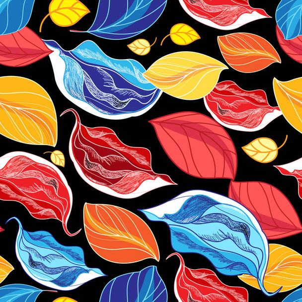 Seamless autumn pattern from leaves and buds on a black background - Vector, afbeelding