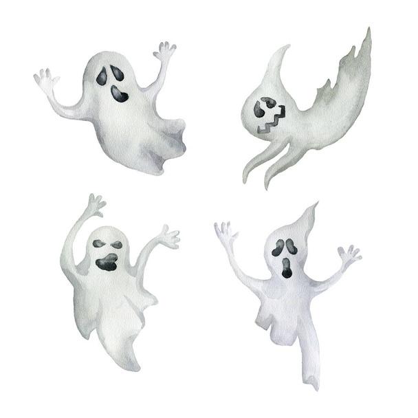 eine Reihe von Halloween-Geistern. handgezeichnete Aquarell-Illustration.  - Foto, Bild