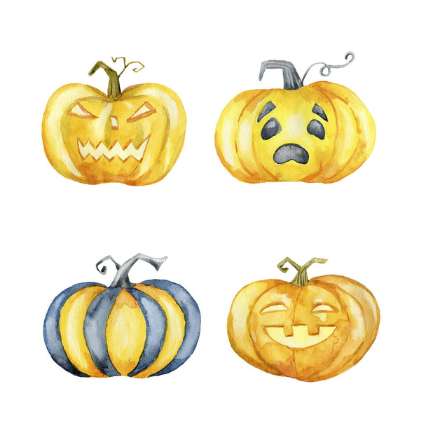Set of Halloween pumpkins. Hand drawn watercolor illustration.  - Fotoğraf, Görsel
