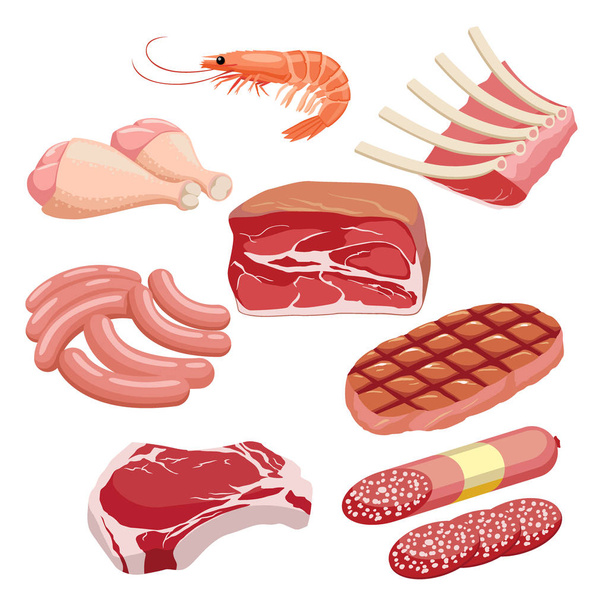 Fleisch Icon Set Vektor-Icons für frisches und gegrilltes Fleisch gesetzt. Steak, Garnelen, Hähnchenkeule, Würstchen, Rippen, Schweinefleisch und Rindfleisch isoliert auf weißem Hintergrund. - Vektor, Bild