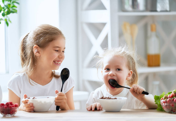 Two children having breakfast. Kids eating cereal and berry in kitchen. - Foto, imagen