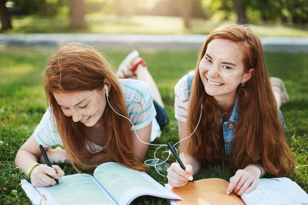 Stop fooling around and do homework. Two relaxed and carefree redhead sisters with freckles, lying on grass in park, writing notes for university, sharing earbuds, listening songs together, laughing - Foto, Imagem