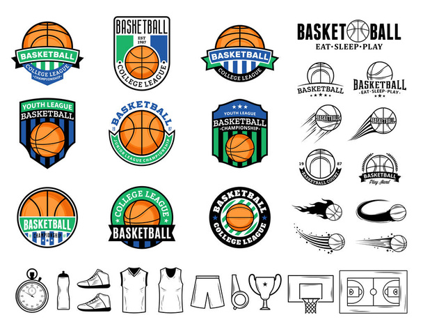 バスケット ボールのベクトルのロゴ、ラベルおよびスポーツのチーム、トーナメントおよび組織のためのアイコンのセット. - ベクター画像