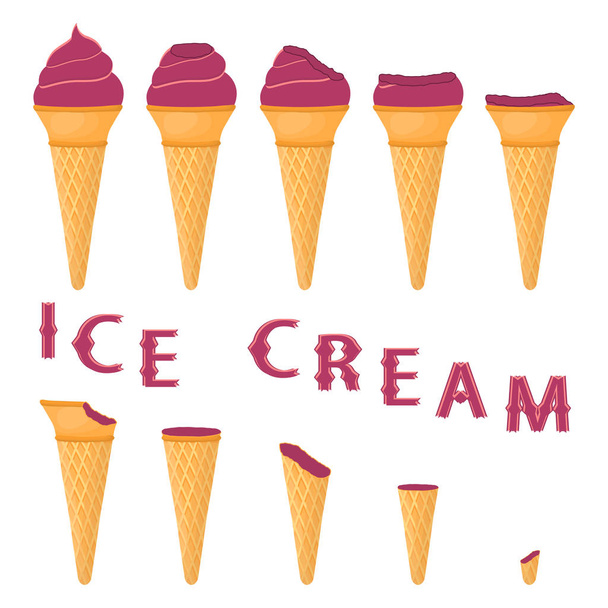 Векторні ілюстрації для натурального чорничного морозива на вафельному конусі. Візерунок морозива, що складається з солодкого холодного морозива, смачного замороженого десерту. Свіжі фруктові айсберги з ожини у вафельних конусах
. - Вектор, зображення