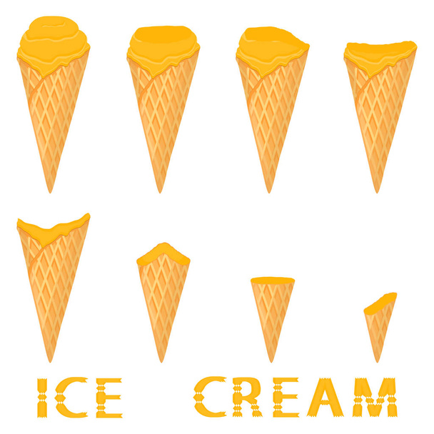 Ilustração vetorial para sorvete de abacaxi natural no cone de waffle. Padrão de sorvete consistindo de sorvete gelado doce, saborosa sobremesa congelada. Gelo de frutas frescas de ananás em cones de bolacha
. - Vetor, Imagem