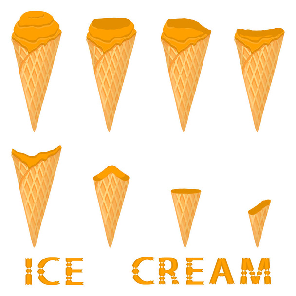 Векторні ілюстрації для натурального абрикосового морозива на вафельному конусі. Візерунок морозива, що складається з солодкого холодного морозива, смачного замороженого десерту. Свіжі фруктові молюски абрикоса у вафельних конусах
. - Вектор, зображення