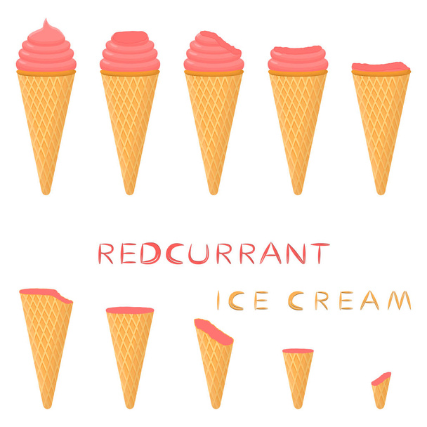 Vector illustration for natural red currant ice cream on waffle cone. Ice Cream pattern consisting of sweet cold icecream, tasty frozen dessert. Fresh fruit icecreams of currant in wafer cones. - Vector, Image