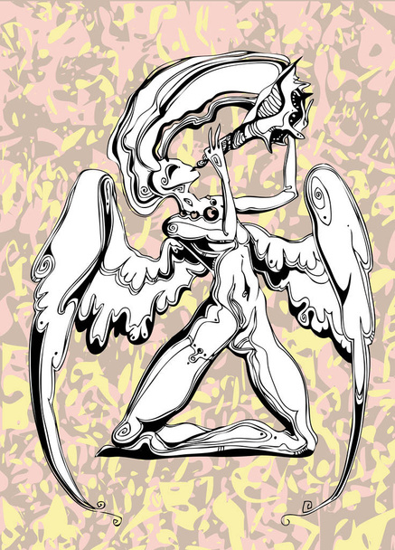 ángel chica de rodillas y golpes en una concha de mar
 - Vector, Imagen