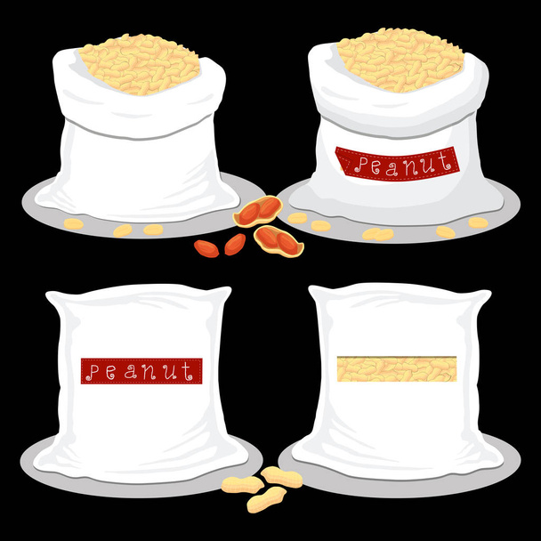 Vector illustratie logo voor zakken gevuld met noten pinda, opslag in zakken. Pinda patroon bestaande uit rijp voedsel, rauwe product op open zak. Smakelijke vruchten pinda moer van eco zak, volledige baggy tas. - Vector, afbeelding