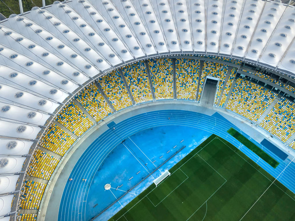 KIEV, UKRAINE - July 19, 2018. Panoramic view from drone of the stadium cover structure -National Sports Complex Olimpiysky. Elements of the stadium construction. Abstract architecture photo. - Foto, immagini