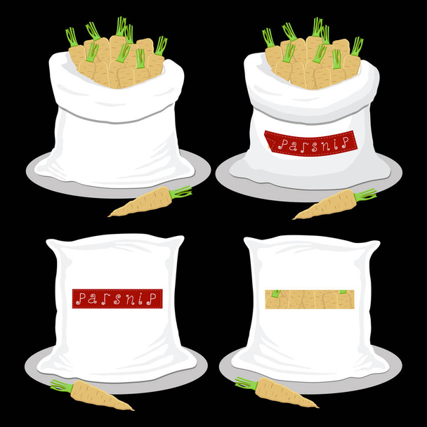 Logo d'illustration vectorielle pour sacs remplis de panais de légumes, stockage dans des sacs. Modèle de panais composé de nourriture mûre, produit cru sur sac ouvert. Savoureux panais de fruits du sac écologique, sac complet
 - Vecteur, image