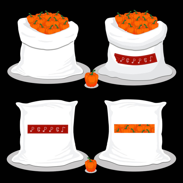 Ilustración vectorial para bolsas llenas de pimiento naranja vegetal, almacenamiento en sacos. Patrón de pimienta que consiste en alimentos maduros, producto crudo en saco abierto. Sabroso pimiento de frutas de eco saco, bolsa holgada completa
 - Vector, imagen