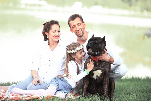 happy family with pet dog at picnic in a Sunny summer day. pregn - Фото, зображення
