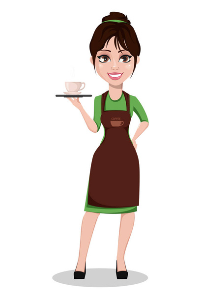 Fiatal, gyönyörű női barista szakmai egységes. Aranyos rajzfilm karaktert gazdaság tálca kávéval. Vektoros illusztráció. - Vektor, kép