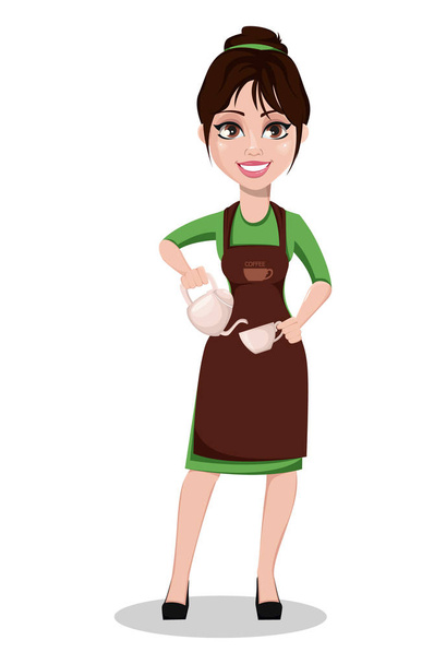 Jonge mooie vrouwelijke barista in professionele uniform. Schattige cartoon karakter gieten in een kopje koffie. Vectorillustratie. - Vector, afbeelding
