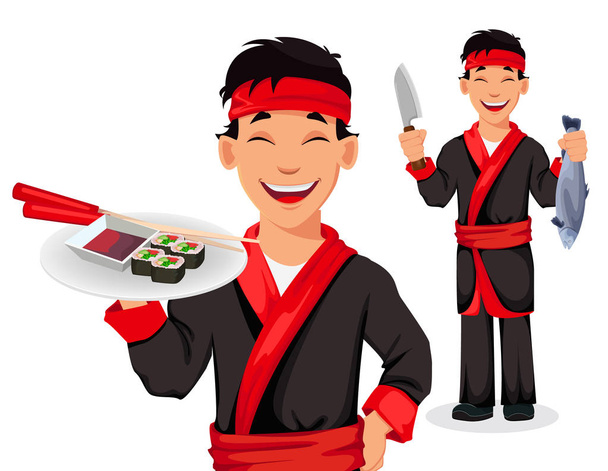 日本人のシェフが料理の寿司をロールバックします。ハンサムな漫画のキャラクターは、2 つのポーズのセット。白の背景にベクトル画像 - ベクター画像