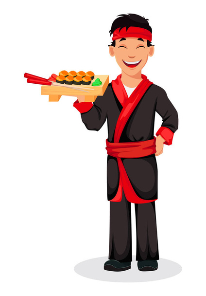 Chef japonais cuisinant des rouleaux de sushi. Beau personnage de dessin animé tenant une assiette en bois avec des rouleaux de sushi. Illustration vectorielle
 - Vecteur, image