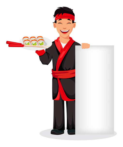 Japán szakács főzés sushi tekercs. Szép rajzfilmfigura lemez üres banner és sushitekercs tartja. Vektoros illusztráció - Vektor, kép