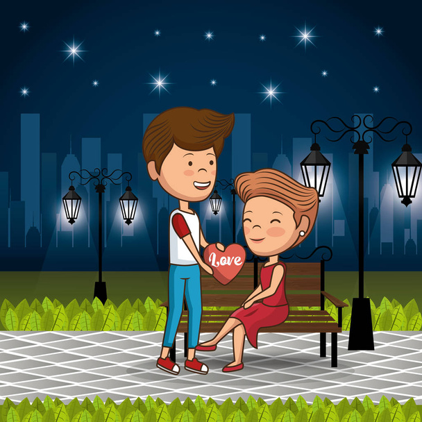 恋夜の公園のカップル - ベクター画像