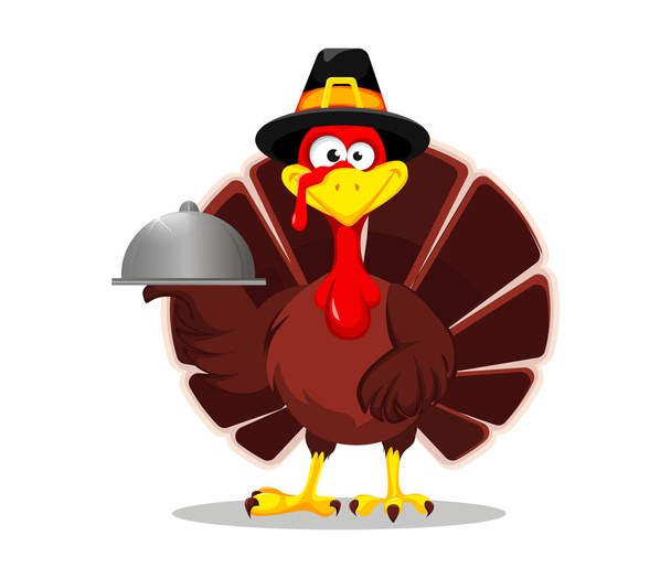 Happy Thanksgiving, greeting card, poster or flyer for holiday. Thanksgiving turkey holding domed tray. Vector illustration on white background - Vector, Image