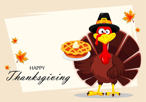 Happy Thanksgiving, kartkę z życzeniami, plakat lub ulotki wakacje. Święto Dziękczynienia Turcji gospodarstwa pyszne ciasto. Ilustracja wektorowa na streszczenie tło światło - Wektor, obraz