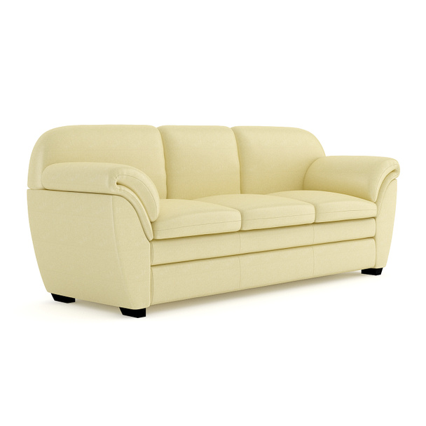 Άνετος καναπές με μαξιλάρια, καλυμμένο με ελαφρύ κίτρινο υλικό. 3D rendering. - Φωτογραφία, εικόνα