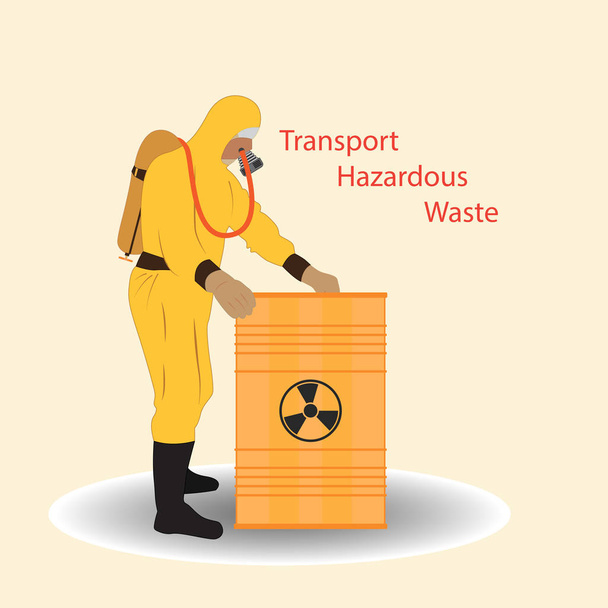 A person in a special protective suit closes the barrel, with hazardous waste. Warning poster. - Vector, Image