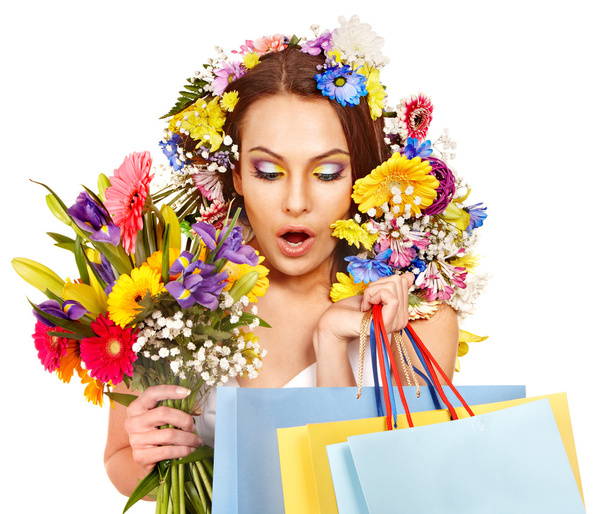 γυναίκα με κρατά λουλούδι τσάντα για ψώνια. - Φωτογραφία, εικόνα