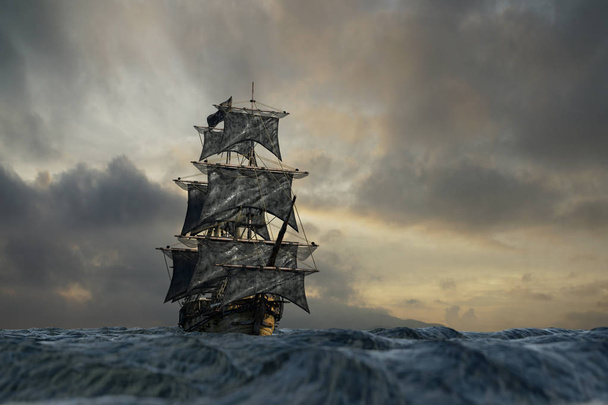 Piratenschiff auf dem Meer, 3D-Rendering - Foto, Bild