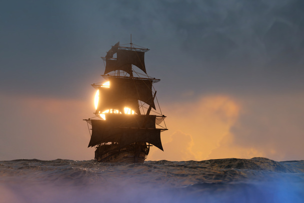 pirate ship sailing on the sea, 3D render - Photo, Image