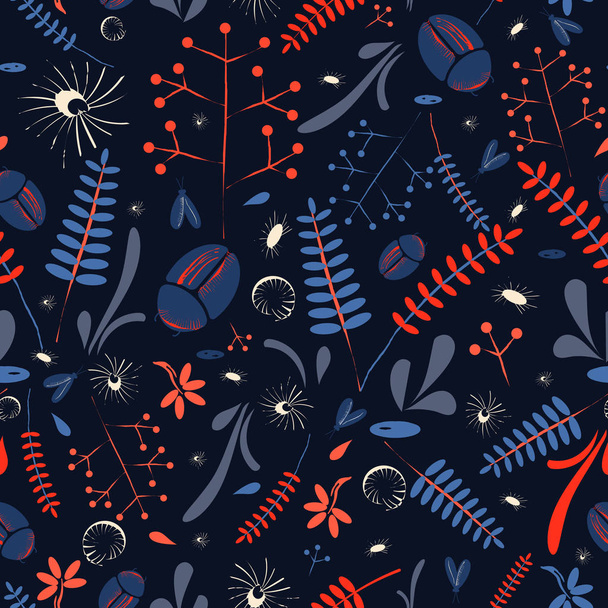  Seamless pattern with herbs and bugs. Hand drawn style - Διάνυσμα, εικόνα