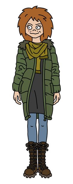 Legrační zrzka dívka v khaki kabátě - Vektor, obrázek