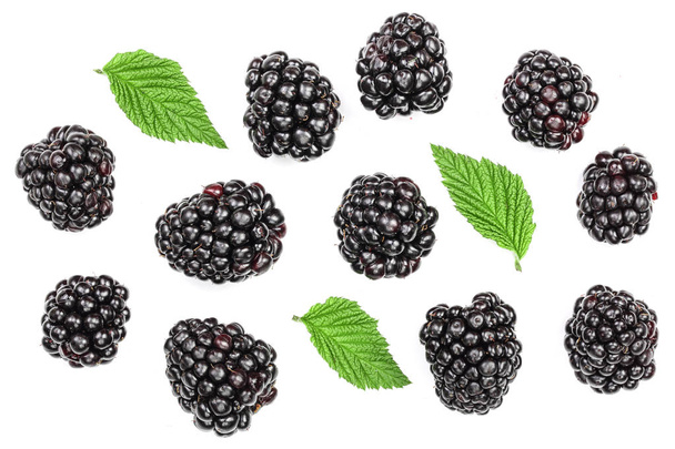 Fresh blackberry with leaves isolated on white background. Top view. Flat lay pattern - Photo, Image