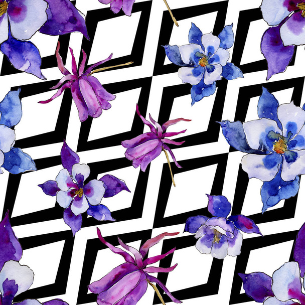 Watercolor blue aquilegia flower. Seamless background pattern. Fabric wallpaper print texture. Aquarelle wildflower for background, texture, wrapper pattern, frame or border. - Foto, imagen
